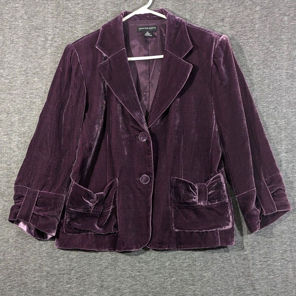 Spenser Jeremy Purple Silk Blend Velvet Blazer Bow Pocket Jacket Womens Size 10
